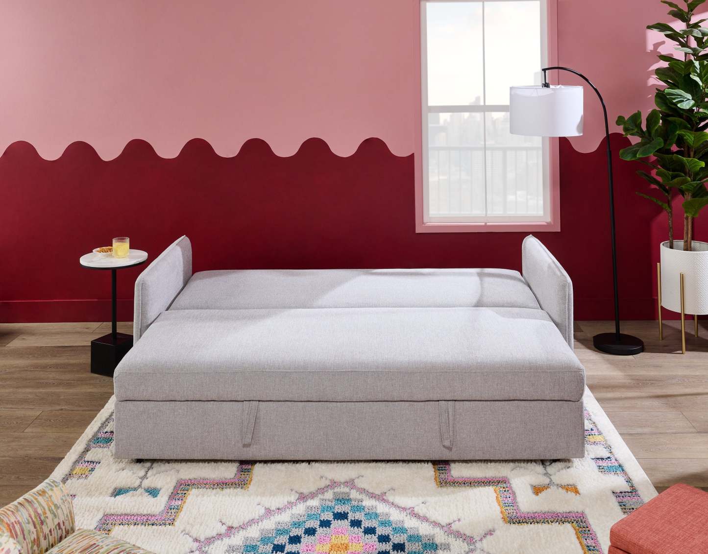 Canapé-lit Shadow de 82,5 po en tissu d'apparence lin avec rangement et deux accoudoirs coussinés - gris