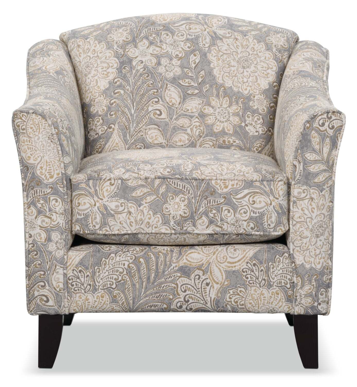 Fauteuil d’appoint Wynn de 33 po fabriqué au Canada en tissu d’apparence lin avec accoudoirs évasés et pattes en bois - floral multicolore