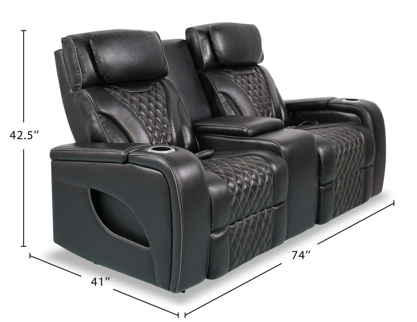 Elite 74 Genuine Leather Massage Power Reclining Loveseat with Power Headrests and Storage Arms - Black | Causeuse de massage à inclinaison électrique Elite de 74 po en cuir véritable avec appuie-têtes électriques et accoudoirs de rangement - noire