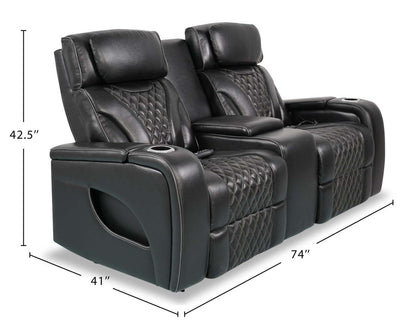 Elite 74 Genuine Leather Massage Power Reclining Loveseat with Power Headrests and Storage Arms - Black | Causeuse de massage à inclinaison électrique Elite de 74 po en cuir véritable avec appuie-têtes électriques et accoudoirs de rangement - noire