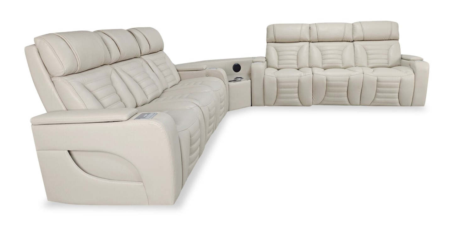 Sofa sectionnel à inclinaison électrique Zen 3 pièces en tissu d’apparence cuir avec massage et 2 consoles rabattables - abricot