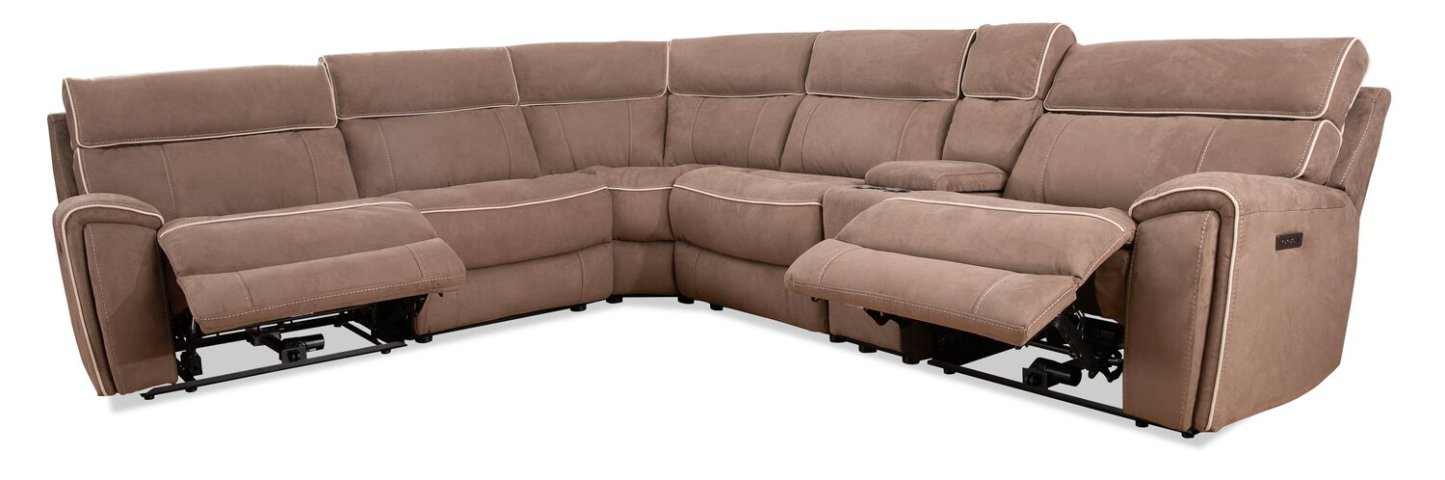 Canapé sectionnel à inclinaison électrique Newport de Cindy Crawford Home 6 pièces en suédine avec console de rangement et port USB - taupe