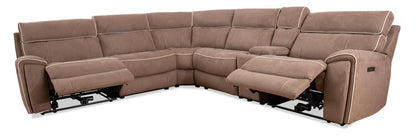 Canapé sectionnel à inclinaison électrique Newport de Cindy Crawford Home 6 pièces en suédine avec console de rangement et port USB - taupe