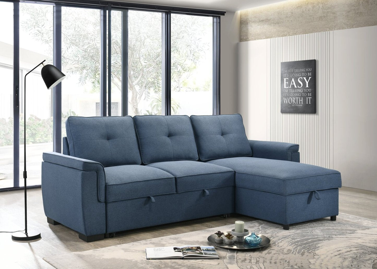 Sofa-lit sectionnel réversible Eden 2 pièces en tissu avec fauteuil long de rangement et coussins de dossier amovibles - bleu