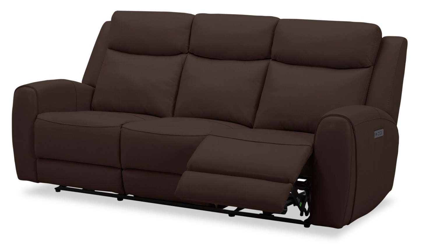 Sofa à inclinaison électrique Reign de 87 po en cuir véritable de qualité supérieure avec ports USB - brun chocolat Silverado