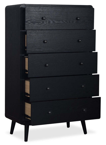 Commode de chambre à coucher Milan, 5 tiroirs, moderne du milieu du siècle, 32 L x 51 H - Noir | Commode verticale de chambre à coucher moderne du milieu du 20e siècle Milan de 32 po (l) x 51 po (H) à 5 tiroirs - noire
