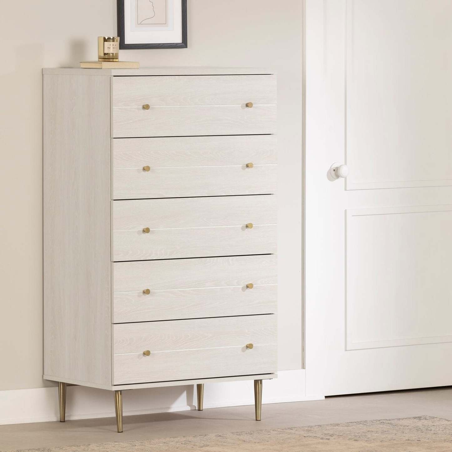 Commode de chambre à coucher Lake, 5 tiroirs, 29 L x 52 H, Fabriqué au Canada, Glam - Blanc | Commode verticale somptueuse Lake de 29 po (L) x 52 po (H) à 5 tiroirs pour la chambre à coucher, fabriquée au Canada - blanche