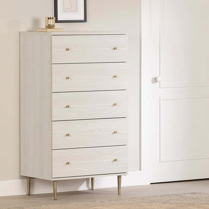 Commode de chambre à coucher Lake, 5 tiroirs, 29 L x 52 H, Fabriqué au Canada, Glam - Blanc | Commode verticale somptueuse Lake de 29 po (L) x 52 po (H) à 5 tiroirs pour la chambre à coucher, fabriquée au Canada - blanche