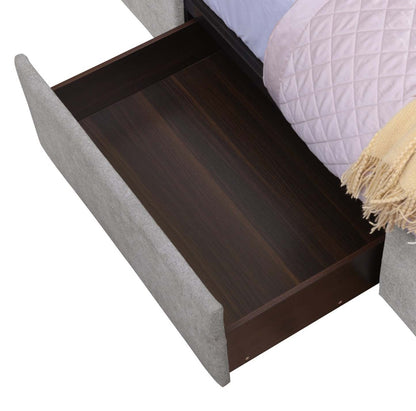 Sommier de lit rembourré avec rangement Amos en tissu gris avec 3 tiroirs intégrés - Grand lit | Base de lit de rangement Amos rembourrée en tissu gris avec 3 tiroirs intégrés - format grand lit