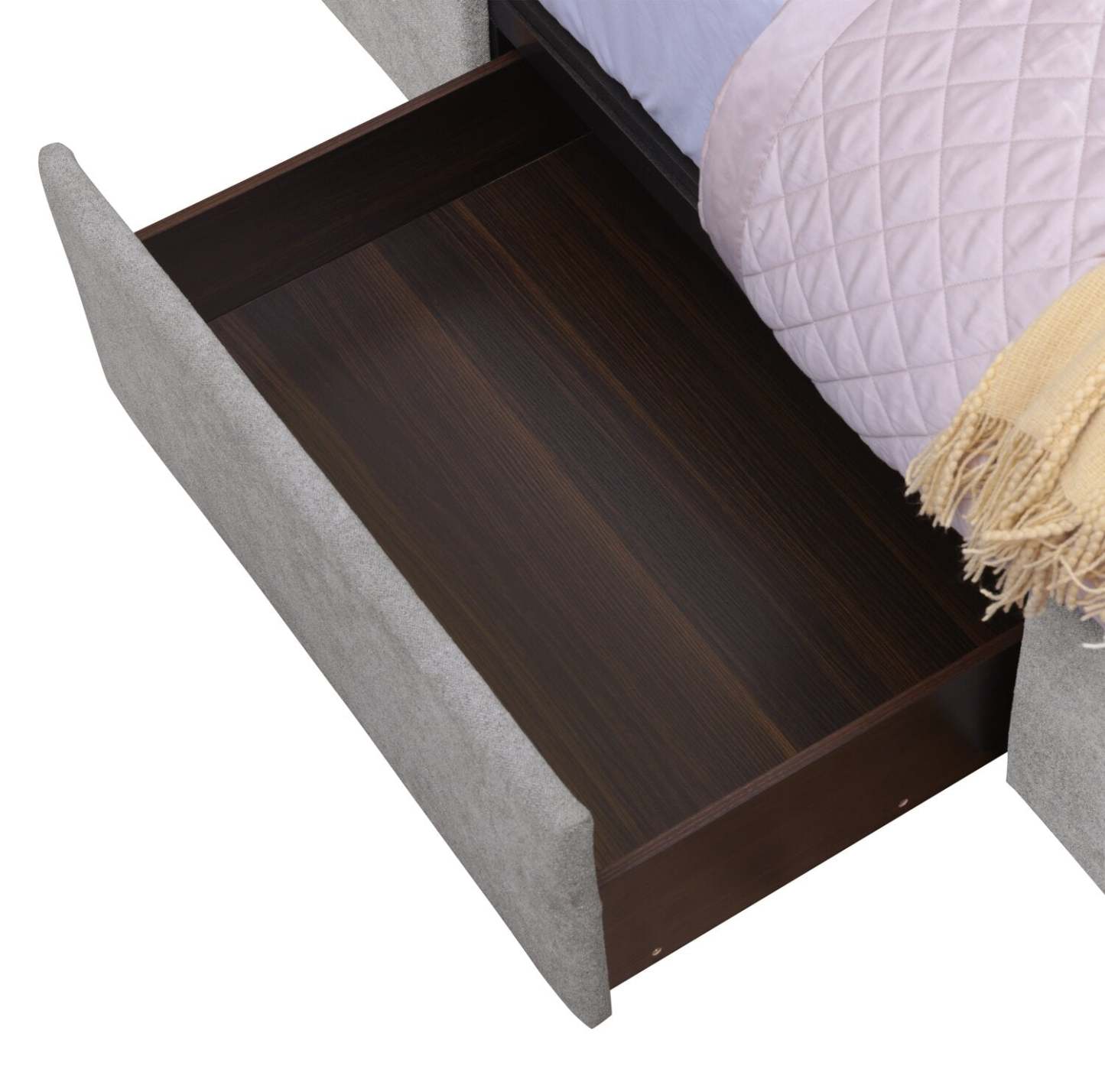 Lit de rangement Amos rembourré en tissu gris avec tête de lit capitonnée et 3 tiroirs intégrés - format grand lit