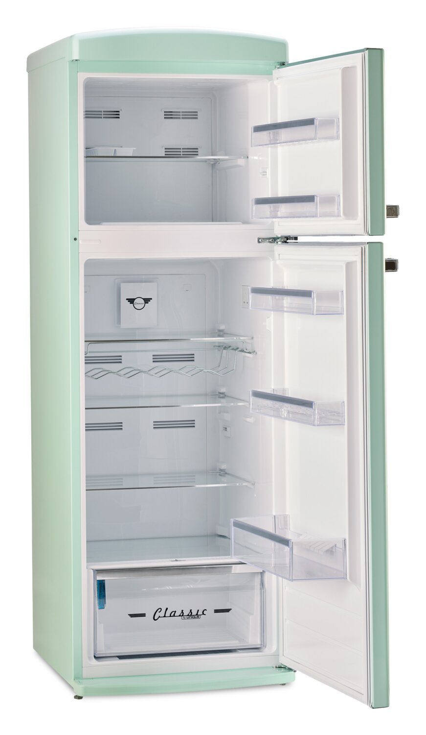 Unique Classique Rétro 24 11 Pi Cu. Réfrigérateur à congélateur supérieur – Vert menthe d'été - UNQ-310L LG MC | Réfrigérateur Classic Rétro d'Unique de 24 po et de 11 pi3 à congélateur supérieur - vert menthe estival - UNQ-310L LG TM