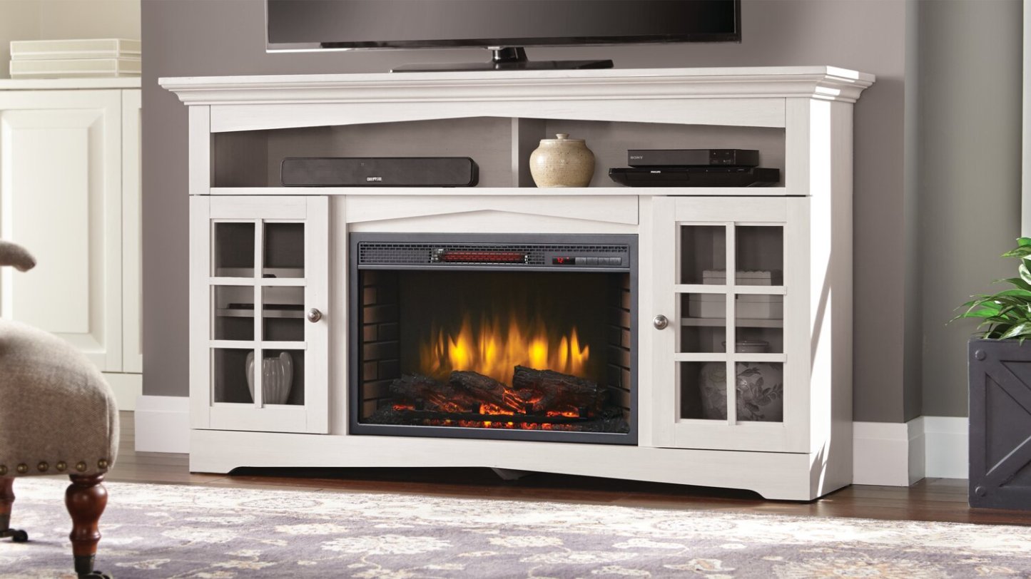 Huntley 59 Electric Fireplace TV Stand with Storage and Cable Management for TVs up to 65- White|Meuble pour téléviseur Huntley de 59 po avec foyer électrique, rangement et système de gestion des câbles pour téléviseurs jusqu’à 65 po - blanc