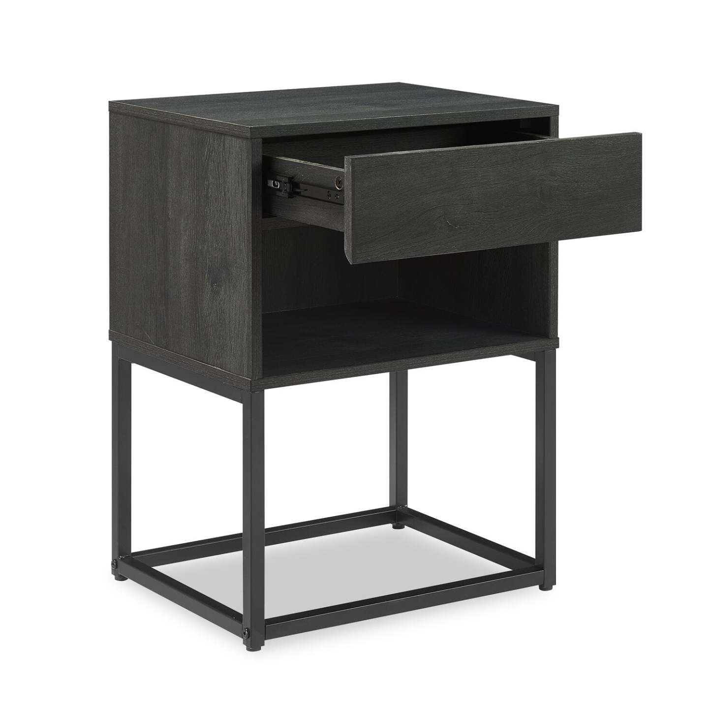 Table de chevet Fynn à 1 tiroir avec étagère de rangement, 18 L x 25,75 H - Marron/Noir | Table de nuit Fynn de 18 po (l) x 25,75 po (H) à 1 tiroir avec tablette de rangement - brune et noire