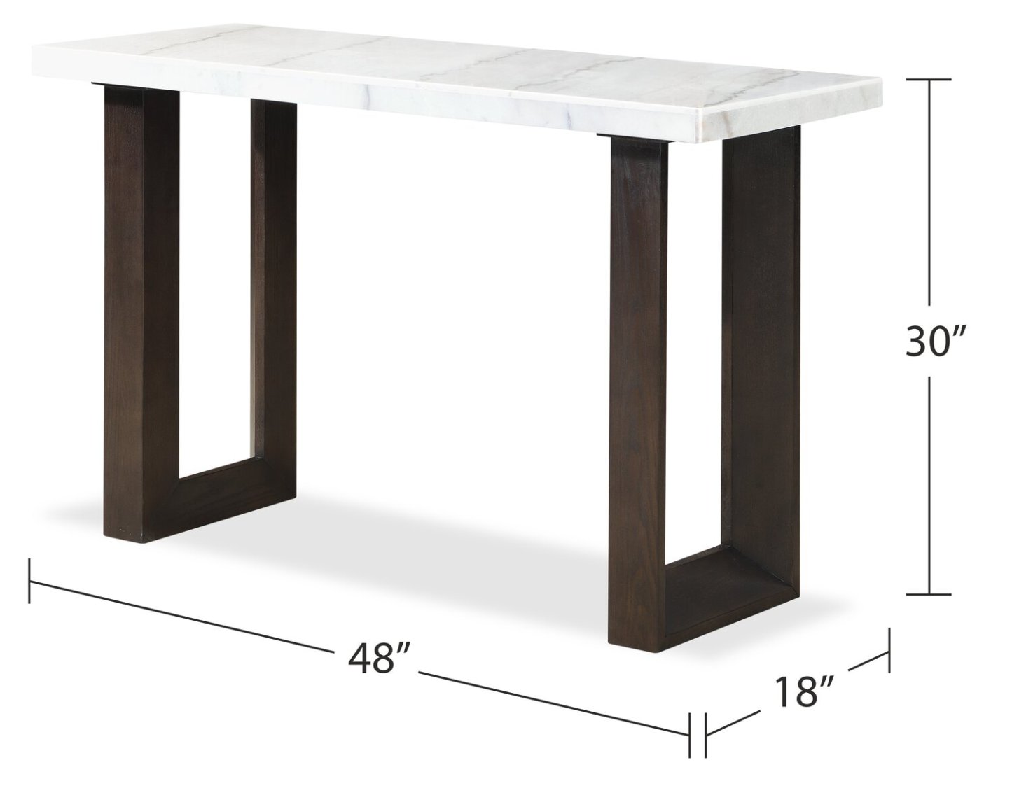 Table de canapé moderne Silvia 48 - Aspect marbre blanc et gris avec pieds en bois marron|Table de salon moderne Silvia de 48 po - imitation de marbre blanc et gris avec pattes en bois brun