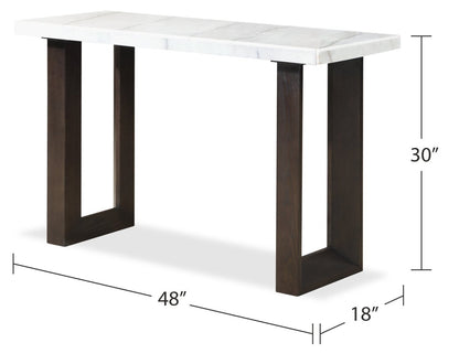 Table de canapé moderne Silvia 48 - Aspect marbre blanc et gris avec pieds en bois marron|Table de salon moderne Silvia de 48 po - imitation de marbre blanc et gris avec pattes en bois brun
