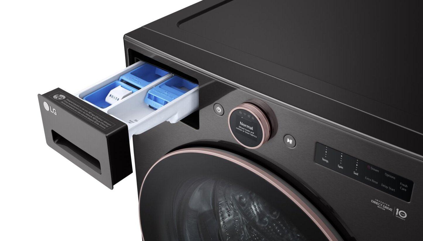 Laveuse à la vapeur intelligente haute efficacité LG à chargement frontal de 5,8 pi³ - acier noir - empilable - WM6500HBA | LG 5.8 Cu. Ft. Smart Front-Load High-Efficiency Steam Washer - Black Steel - Stackable - …
