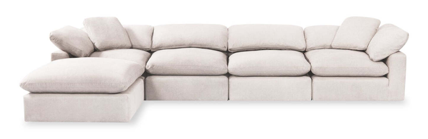 Eclipse Modular 5-Piece Linen-Look Fabric Sectional with Ottoman and Reversible Feather Down Cushions - Linen White | Canapé sectionnel modulaire Eclipse 5 pièces en tissu d’apparence lin avec pouf et coussins réversibles en duvet et plumes - blanc lin