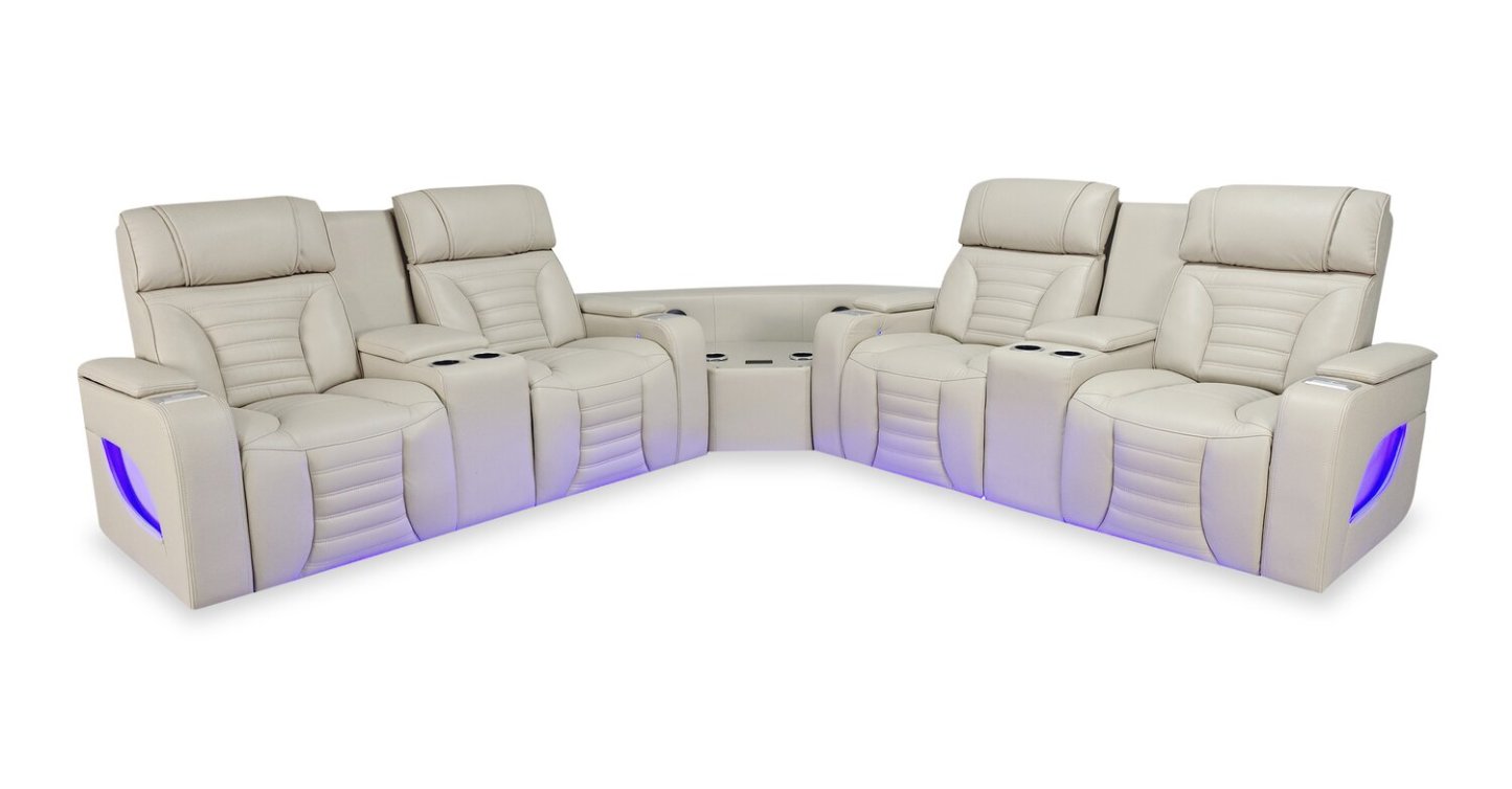 Canapé sectionnel à inclinaison électrique Zen 3 pièces en similicuir avec massage et 2 consoles avec réfrigérateur - abricot