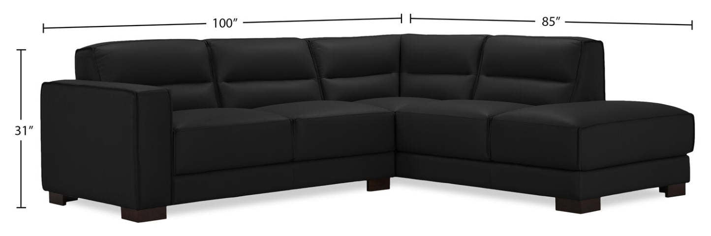 Citadel 2-Piece Right-Facing Top-Grain Genuine Leather Sectional with Wood Legs - Black | Canapé sectionnel droit Citadel 2 pièces en cuir véritable de qualité supérieure avec pieds en bois - noir