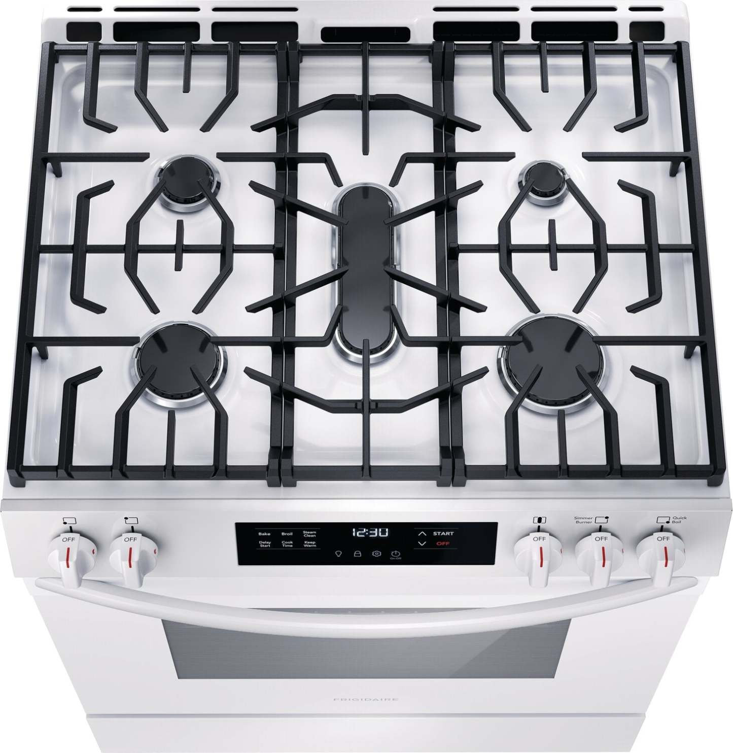 Cuisinière à gaz Frigidaire de 5,1 pi³ avec préchauffage rapide et surface de cuisson à 5 brûleurs - Blanc - FCFG3062AW | Frigidaire 5.1 Cu. Ft. Gas Range With Quick Preheat and Five Burner Cooktop -…