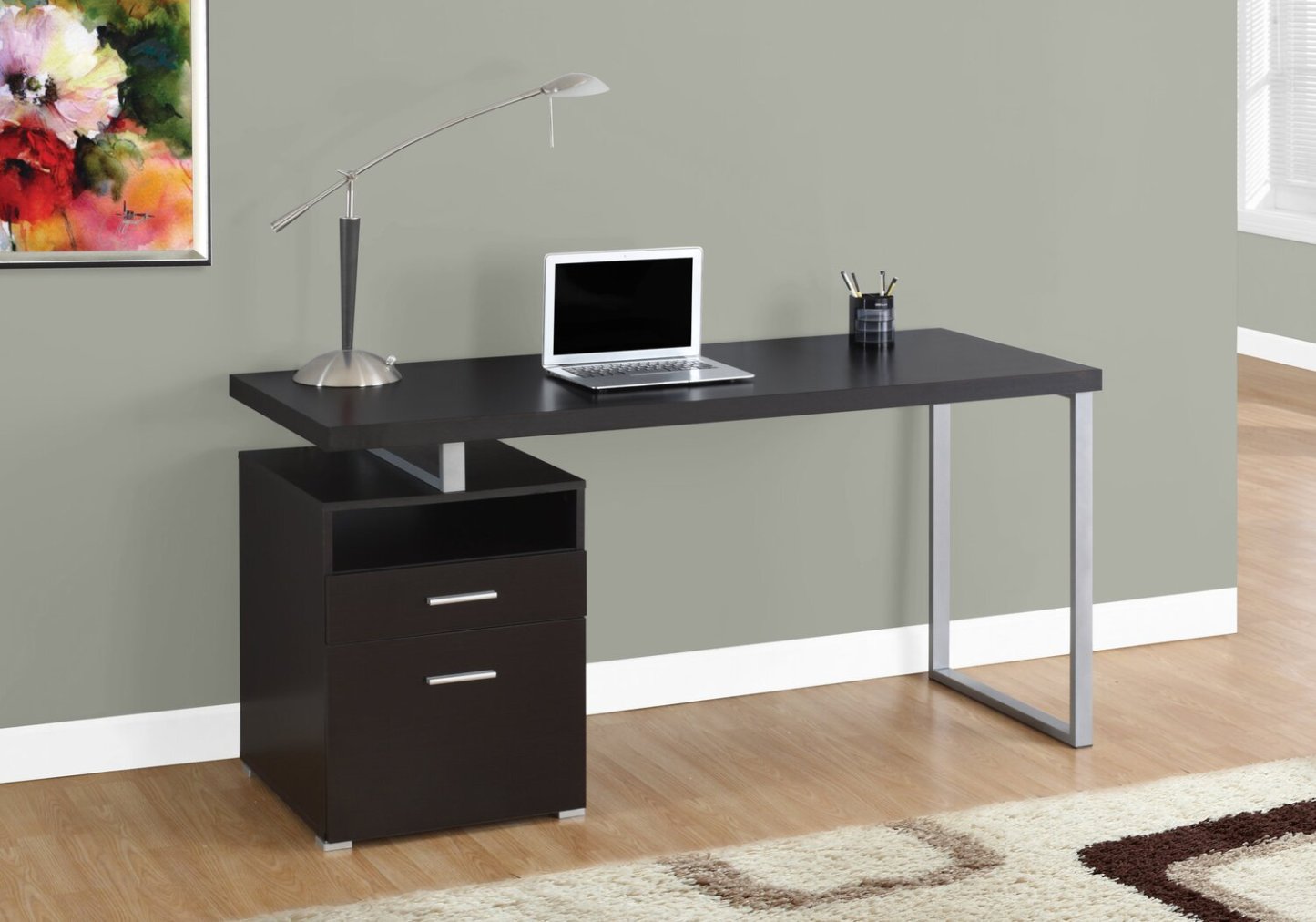 Bureau réglable Heather 60 avec 2 tiroirs et compartiment ouvert - Espresso|Bureau réglable Heather de 60 po à 2 tiroirs et compartiment ouvert - espresso