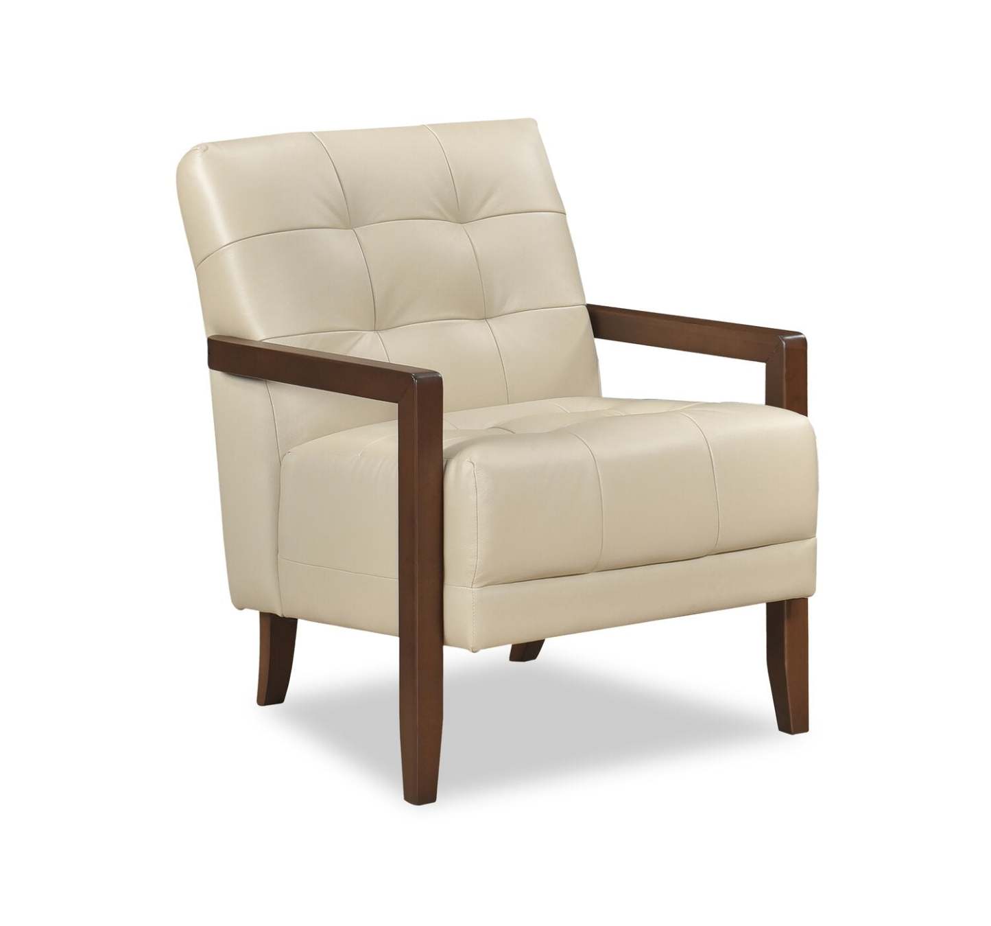 Fauteuil d'appoint Enzo 26 en cuir véritable avec capitonnage biscuit, accoudoirs sur rail et pieds en bois - Beige | Fauteuil d'appoint Enzo de 26 po en cuir avec capitonnage en véritable biscuit, accoudoirs rectilignes et pattes en bois - beige