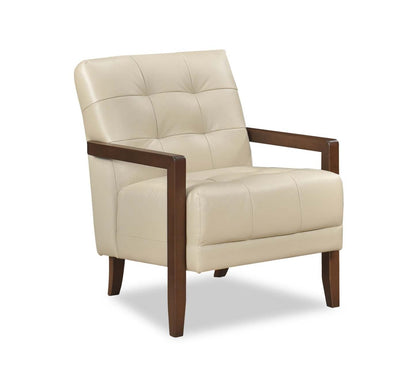Fauteuil d'appoint Enzo 26 en cuir véritable avec capitonnage biscuit, accoudoirs sur rail et pieds en bois - Beige | Fauteuil d'appoint Enzo de 26 po en cuir avec capitonnage en véritable biscuit, accoudoirs rectilignes et pattes en bois - beige