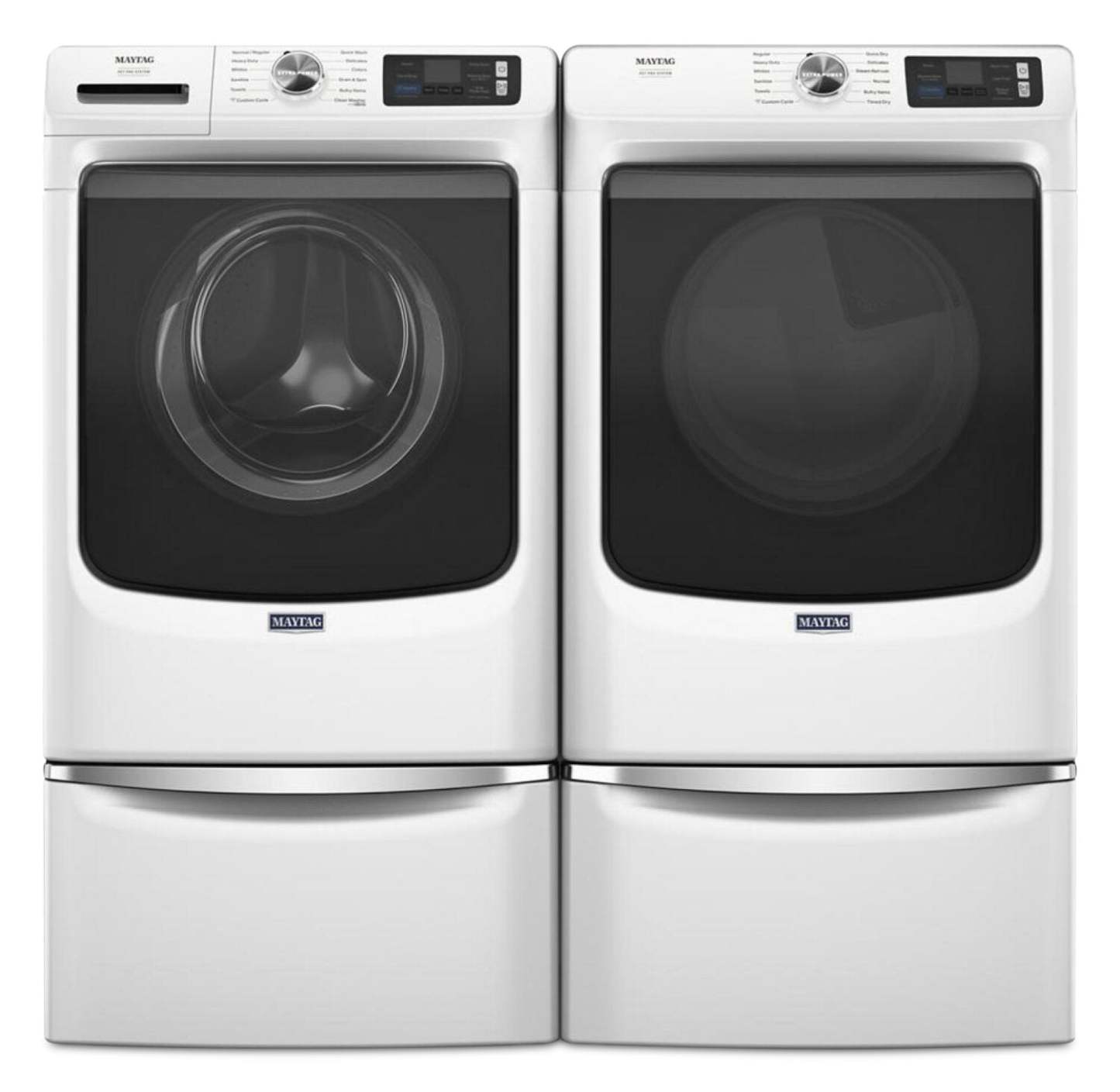 Maytag 5,8 pi³ Laveuse intelligente à chargement frontal Pet Pro et 7,4 pi³ Sécheuse électrique - blanche | Laveuse intelligente à chargement frontal Pet Pro de 5,8 pi³ et sécheuse électrique de 7,4 pi³ de Maytag – blanches | MAFL702W