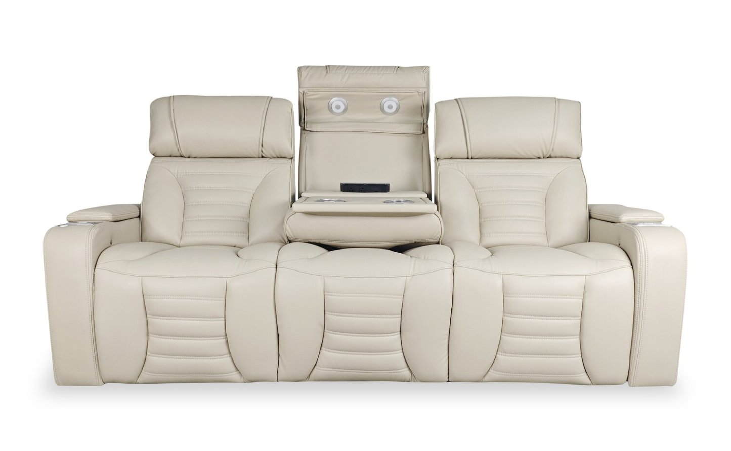 Sofa de massage à inclinaison électrique Zen de 86 po en tissu d’apparence cuir avec appuie-têtes électriques et console rabattable - abricot