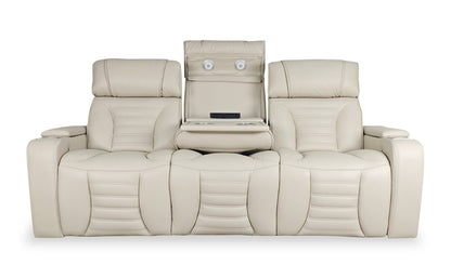 Sofa de massage à inclinaison électrique Zen de 86 po en tissu d’apparence cuir avec appuie-têtes électriques et console rabattable - abricot