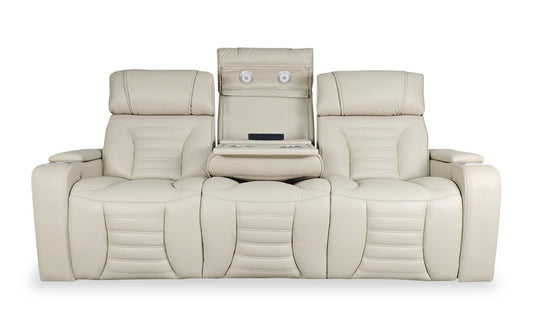 Sofa de massage à inclinaison électrique Zen de 86 po en tissu d’apparence cuir avec appuie-têtes électriques et console rabattable - abricot