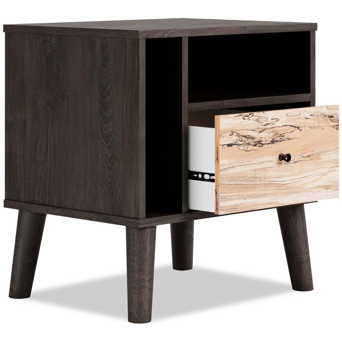 Table de chevet à 1 tiroir Wolf, 23,7 L x 21,9 H, moderne du milieu du siècle – Marron bicolore et naturel | Table de nuit moderne du milieu du 20e siècle Wolf de 23,7 po (L) x 21,9 po (H) à 1 tiroir - deux teintes, brun et naturel