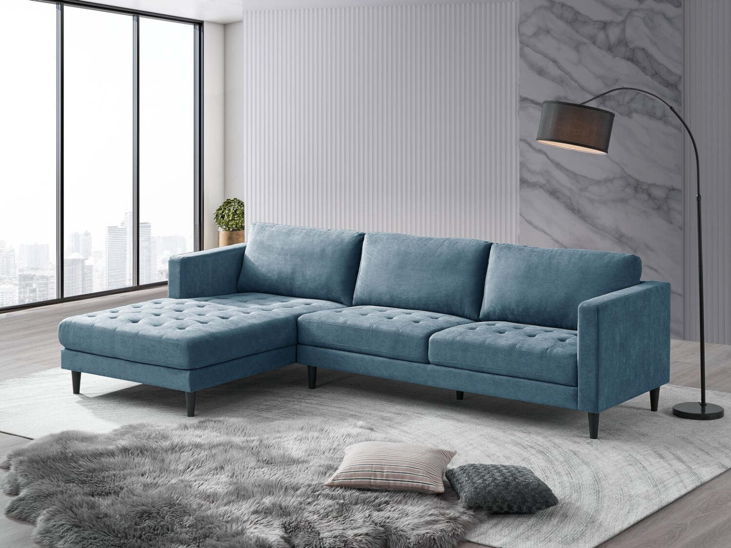 Sofa sectionnel de gauche Metro 2 pièces en tissu avec fauteuil long et coussins de siège capitonnés - bleu denim