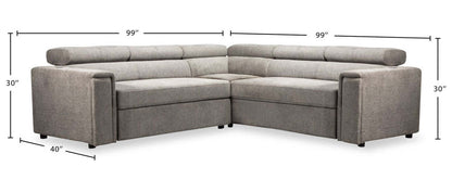 Canapé sectionnel Savvy 3 pièces en tissu d'apparence lin avec appuis-têtes réglables, porte-gobelets et port USB - gris