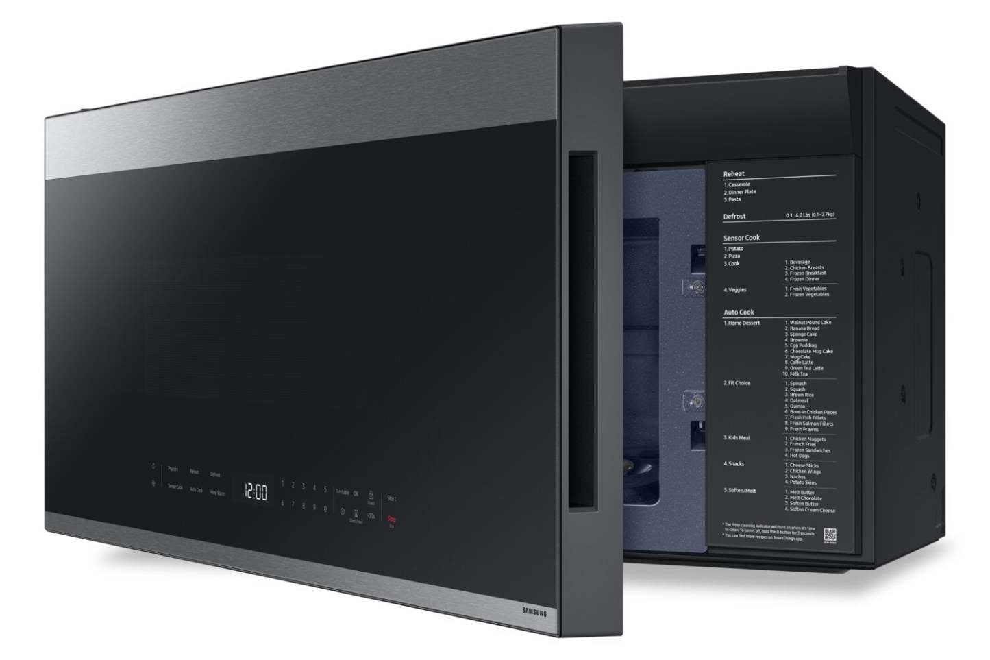 Samsung 2,1 Cu. Fort. Micro-ondes à hotte intégrée avec 400 CFM et commande tactile en verre - Acier inoxydable… | Quatre à micro-ondes à hotte intégrée Samsung de 2,1 pi³ avec 400 pi³/min et commandes tactiles en ver…