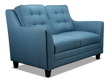 Causeuse Novalee de 57 po en tissu d’apparence lin avec accoudoirs évasés et capitonnage à boutons - bleue