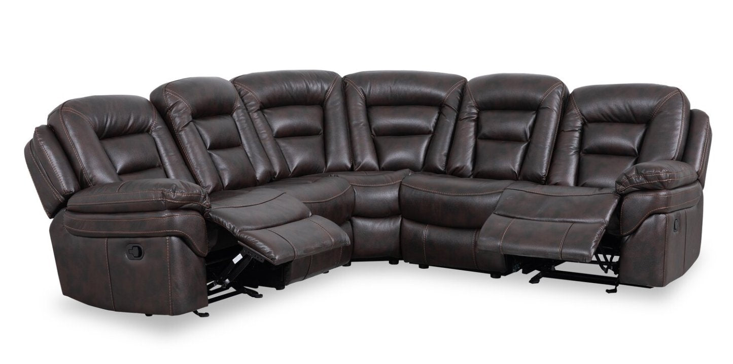 Sofa sectionnel inclinable Leo 5 pièces en tissu d’apparence cuir avec fauteuil inclinable sans accoudoirs - brun noyer