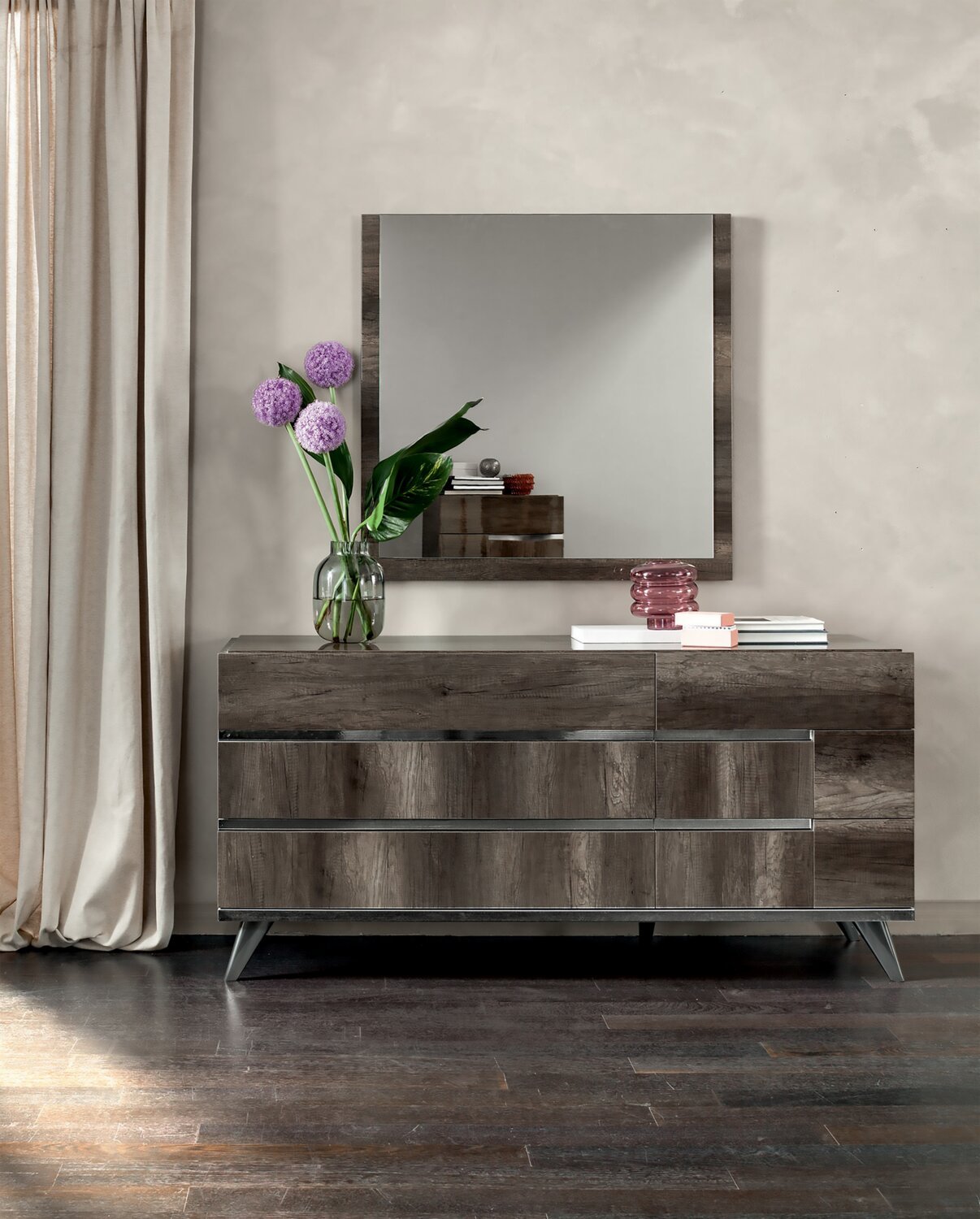 Ensemble de chambre à coucher Gino 6 pièces avec lit à panneaux, commode, miroir et table de nuit - fabriqué en Italie, moderne, brun - taille king