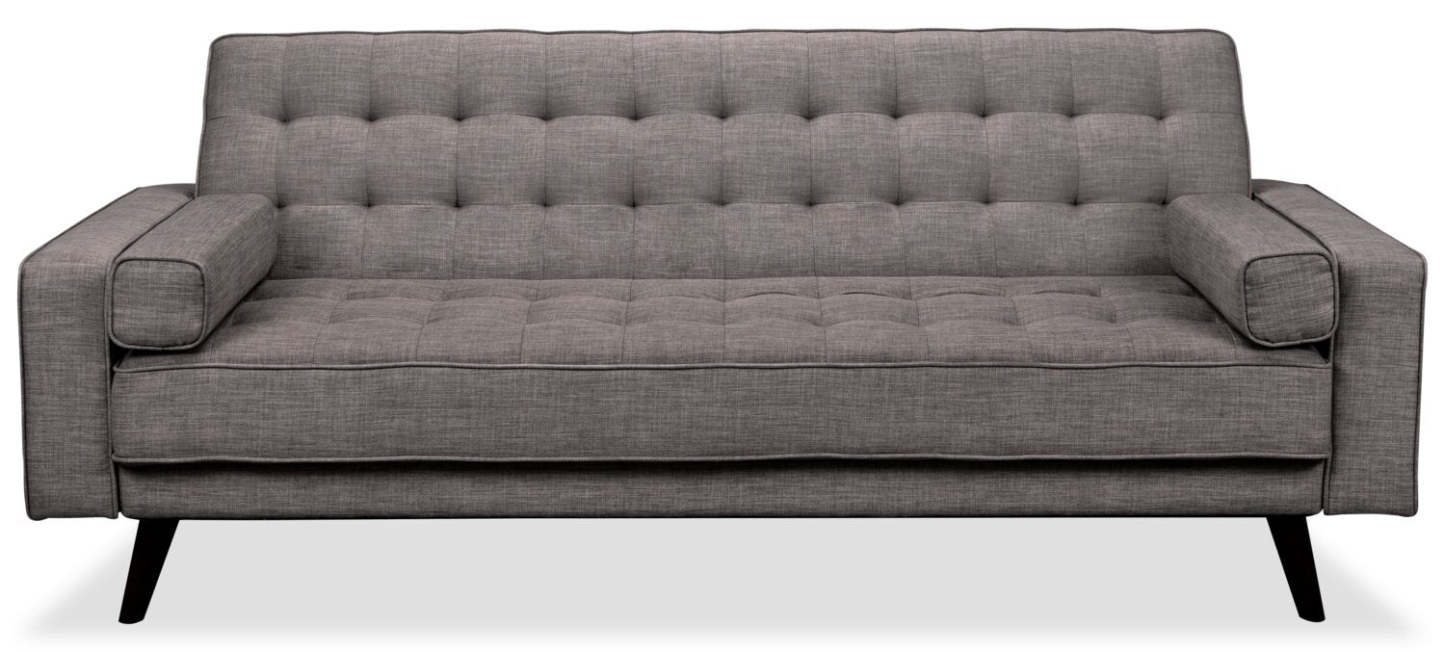 Futon Klik Klak Avery 81,5 en tissu d'apparence lin avec capitonnage et deux oreillers d'accoudoir - Gris | Futon Avery de 81,5 po en tissu d'apparence lin avec mécanisme Klik Klak, capitonnage et deux accoudoirs coussinés - gris