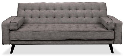 Futon Klik Klak Avery 81,5 en tissu d'apparence lin avec capitonnage et deux oreillers d'accoudoir - Gris | Futon Avery de 81,5 po en tissu d'apparence lin avec mécanisme Klik Klak, capitonnage et deux accoudoirs coussinés - gris