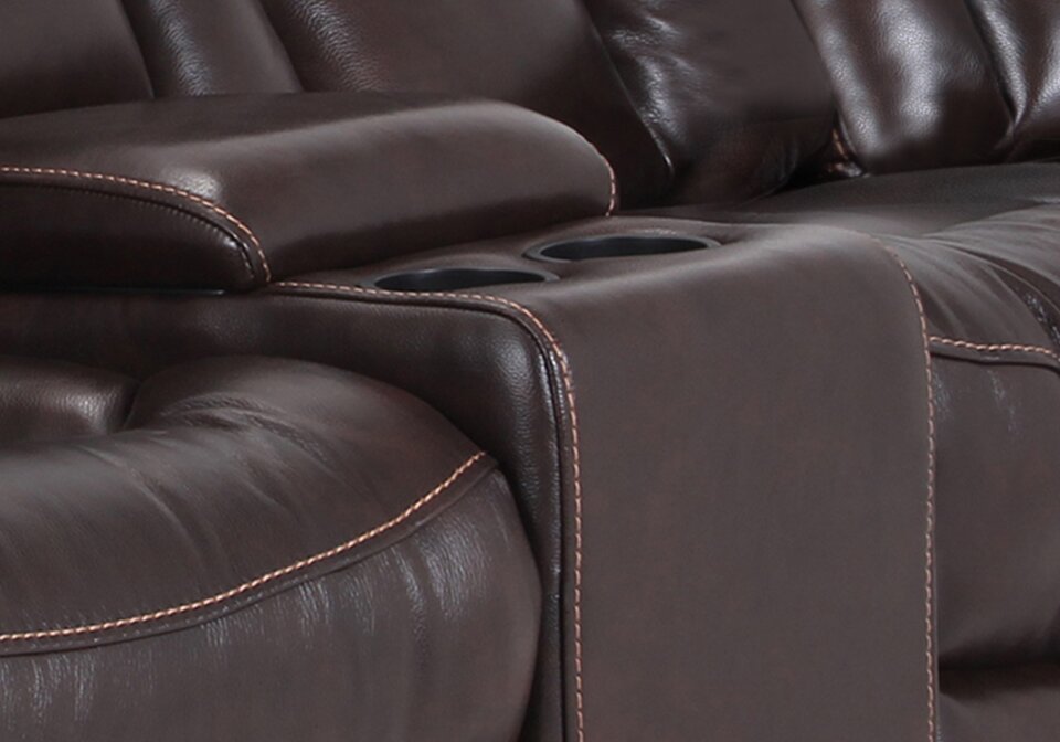 Sofa sectionnel à inclinaison électrique Leo 6 pièces en cuir véritable avec console de rangement et 2 porte-gobelets - brun noyer