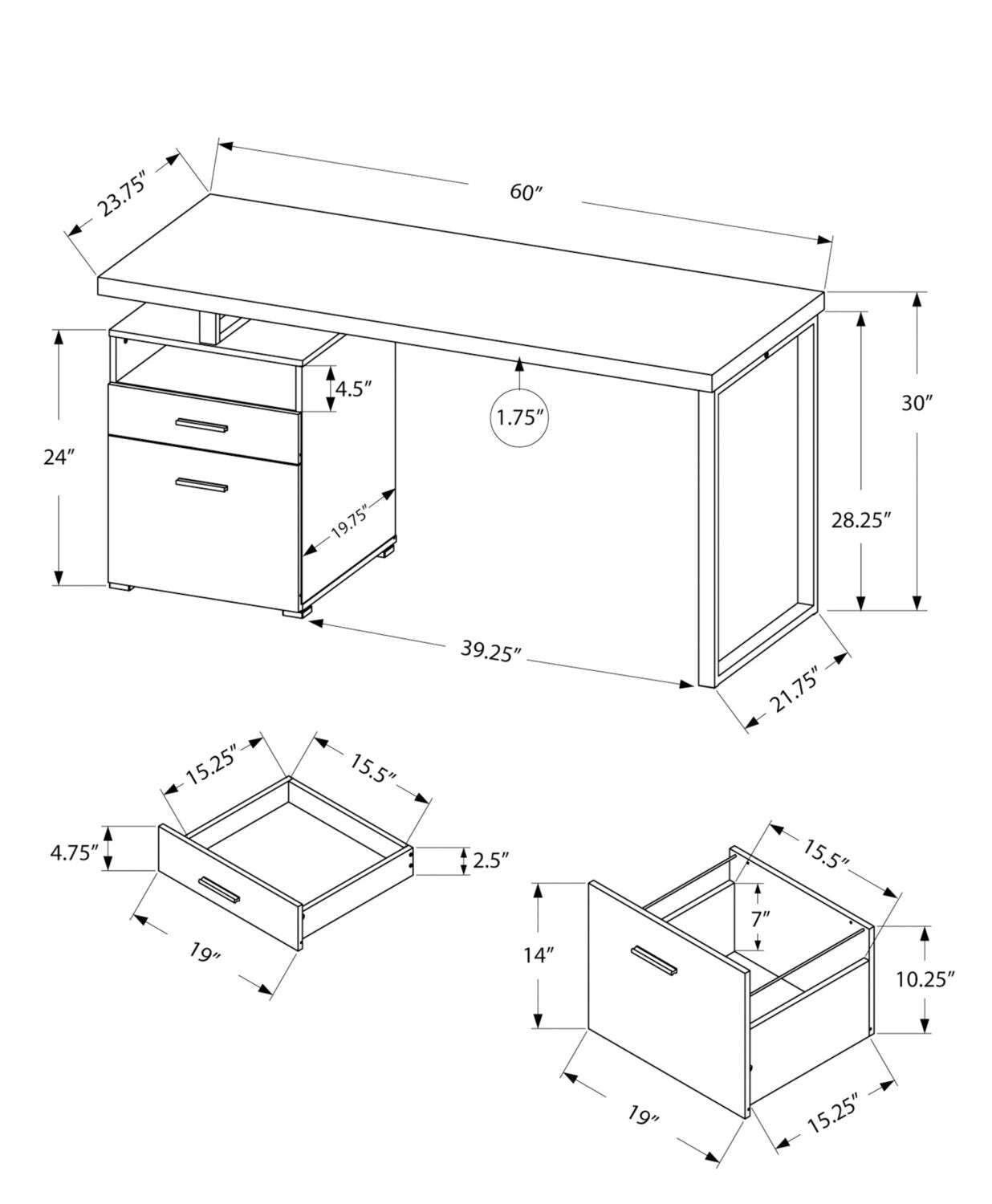Bureau réglable Heather 60 avec 2 tiroirs et compartiment ouvert - Taupe foncé|Bureau réglable Heather de 60 po à 2 tiroirs et compartiment ouvert - taupe foncé