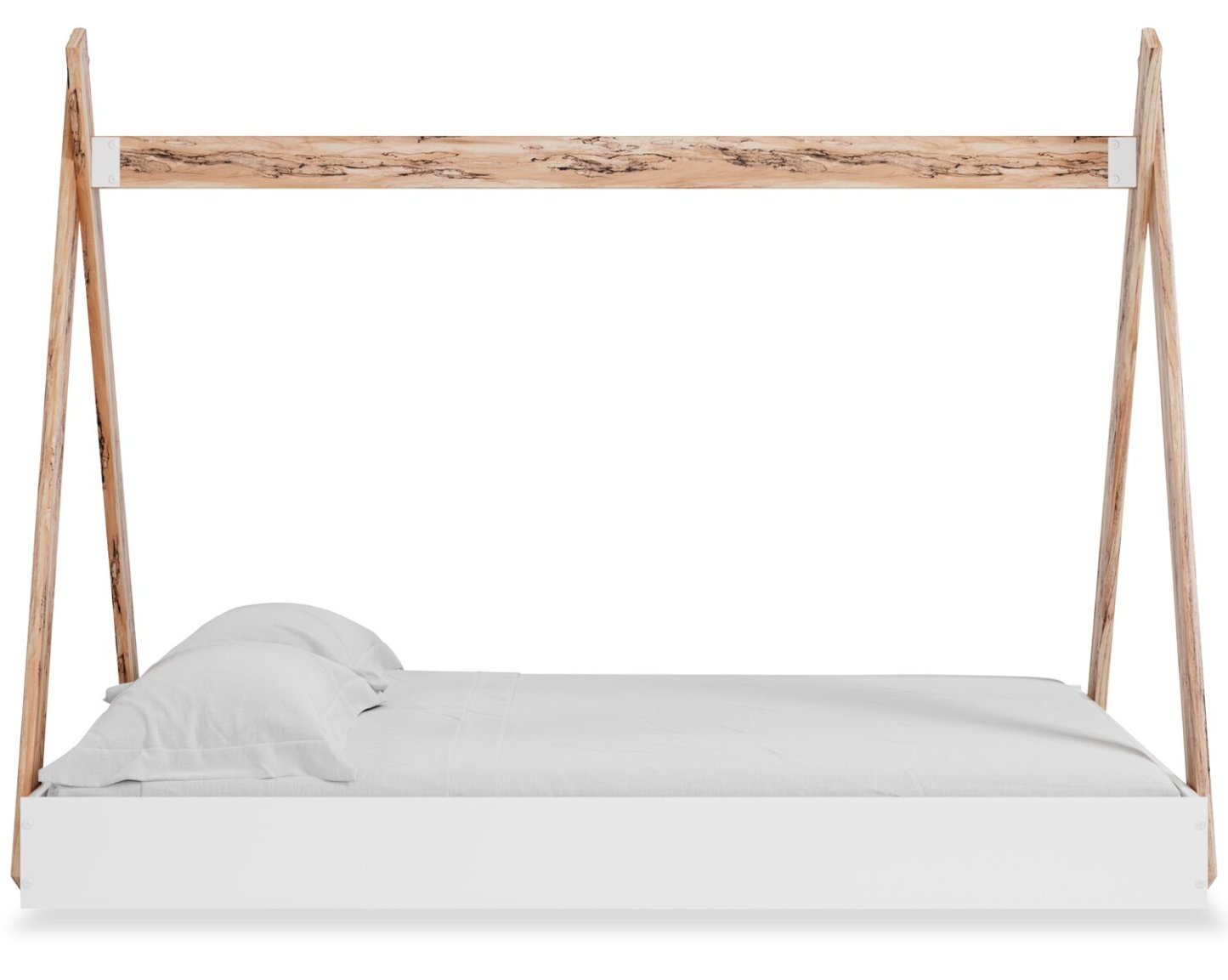 Lit de tente plateforme Wolf pour enfants, bicolore blanc et naturel - Pleine grandeur | Lit Wolf plateforme en forme de tente pour enfants, deux teintes, blanc et naturel - format lit double