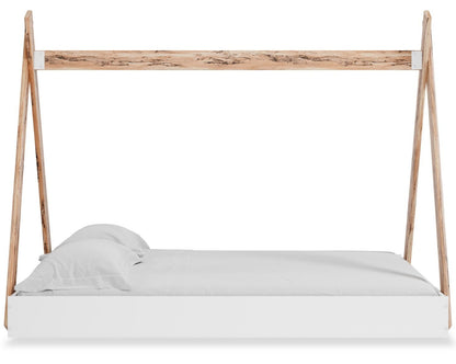 Lit de tente plateforme Wolf pour enfants, bicolore blanc et naturel - Pleine grandeur | Lit Wolf plateforme en forme de tente pour enfants, deux teintes, blanc et naturel - format lit double