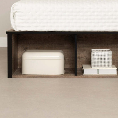 Lit plateforme Everley avec rangement et paniers intégrés, chêne patiné et noir mat - taille simple | Lit plateforme Everley avec rangement et paniers intégrés, chêne vieilli et noir mat - format lit simple