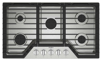 Whirlpool 36 Surface de cuisson à gaz avec 5e brûleur et grilles en fonte à charnières EZ-2-Lift™ - WCGK5036PS | Surface de cuisson à gaz Whirlpool de 36 po avec 5e brûleur et grilles en fonte à charnières EZ-2-LiftMC - WCGK5036PS | WCGK536S