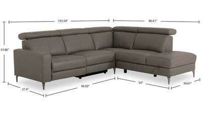 Sofa sectionnel de droite à inclinaison électrique Valentino 3 pièces en cuir véritable avec appuie-têtes réglables - gris