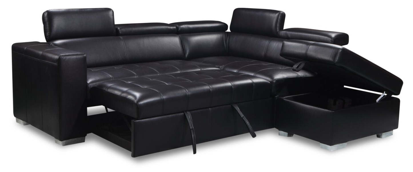 Sofa-lit sectionnel de droite Drake 3 pièces en tissu d’apparence cuir avec pouf de rangement - noir
