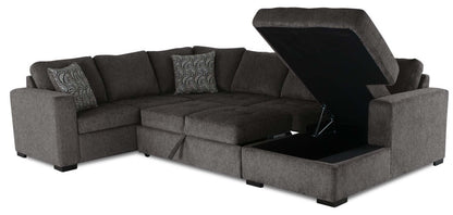 Made in Canada Legend 4-Piece Right-Facing Chenille Fabric Sleeper Sectional with Storage Chaise - Pewter Brown | Canapé-lit sectionnel de droite Legend 4 pièces fabriqué au Canada en tissu de chenille avec chaise longue de rangement - brun étain