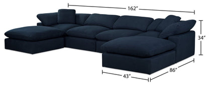 Sofa sectionnel modulaire Eclipse 6 pièces en tissu d’apparence lin avec poufs et coussins réversibles en duvet et plumes - bleu marine